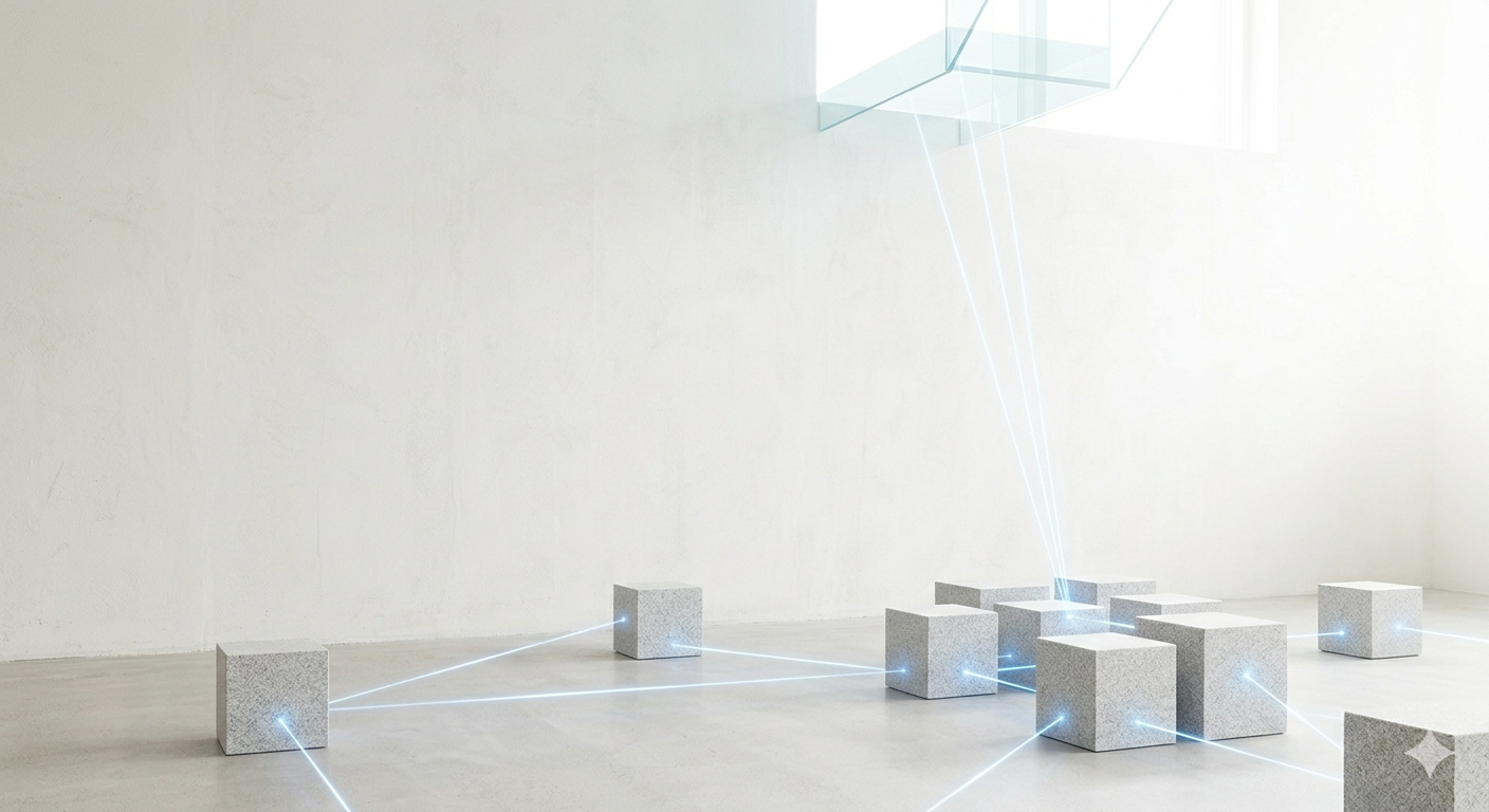 Granite and light-paths symbolize a P2P network of cities from the Baltics to Canada, scaling innovation beyond the pilot phase.