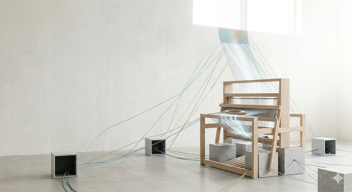 A minimalist loom representing the City Enabler, orchestrating local ecosystems through future-oriented procurement and strategic design.